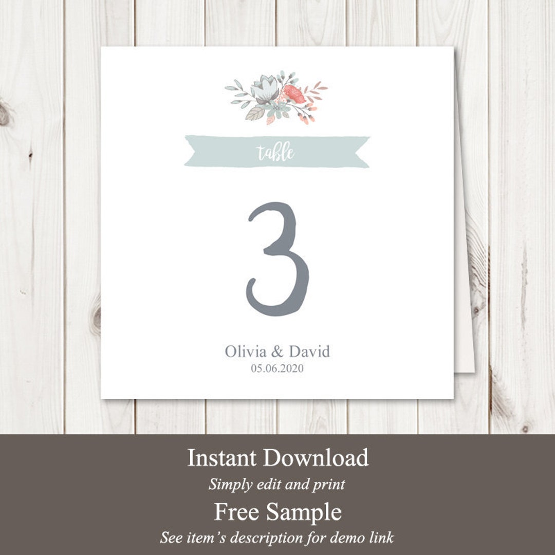 Wedding Table Numbers Printable Template "flower Bicycle", Aqua Green ...