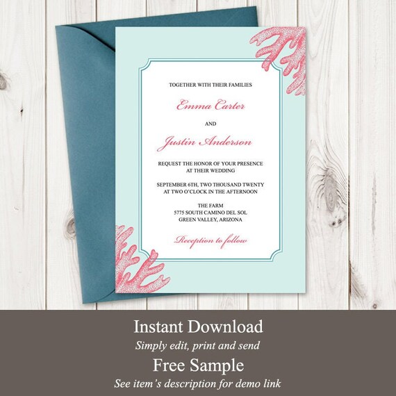 Destination Wedding Invitation Template Coral Islands Teal Etsy