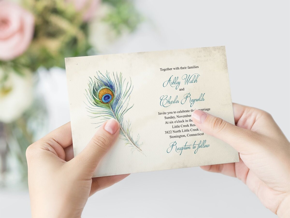 Boho Wedding Invitation Peacock Feather Vintage Etsy
