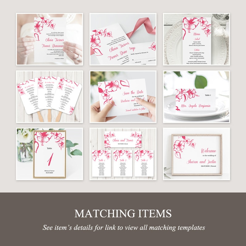 Hanging Cards Wedding Seating Chart Template Hawaii DIY Printable Table Plan Tropical Pink Hibiscus Flower Templett Instant Download.