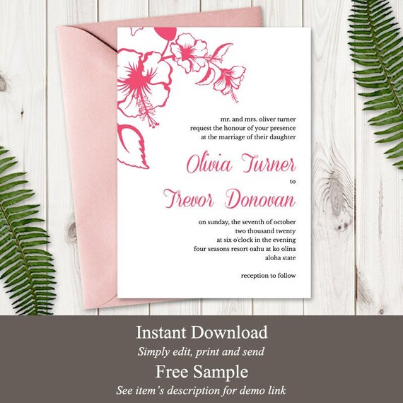 Hawaiian Wedding Invitation Tropical Wedding Invitation