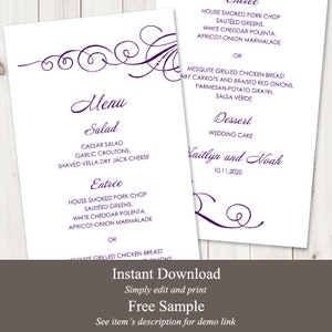 Elegant Wedding Menu Template Tender Twirls, Purple. Printable Modern Menu Card, Fully Edtable Text & Artwork. Templett, Instant Download. image 2