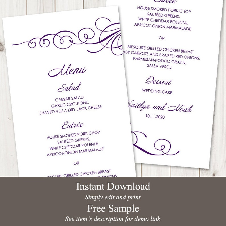 Elegant Wedding Menu Template Tender Twirls, Purple. Printable Modern Menu Card, Fully Edtable Text & Artwork. Templett, Instant Download. image 2