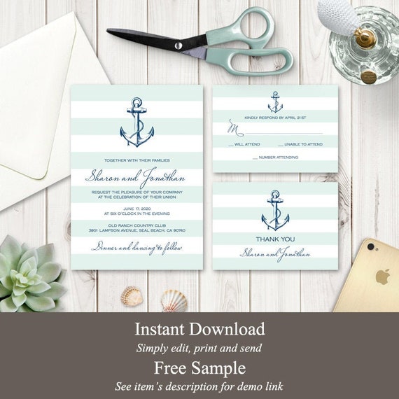 Destination Wedding Invitation Set Anchor Navy Blue Mint Etsy