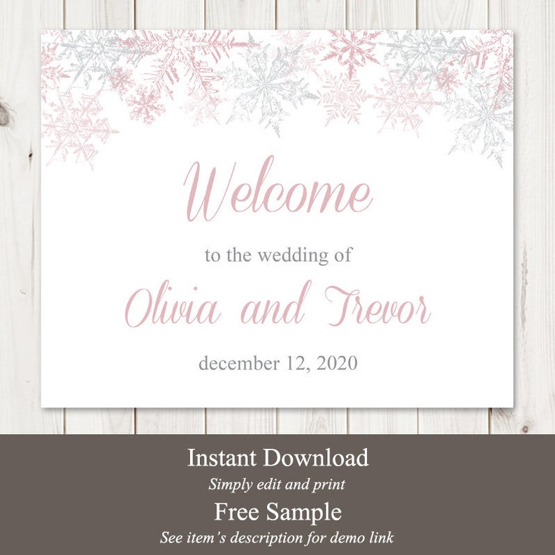 DIY Printable Winter Wedding or Christmas Party Signs Custom Sign Template Snowflakes Templett Dusty Pink /& Silver Instant Download.