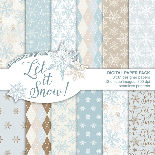 Christmas Paper Pack, Winter Digital Paper Pad, Printable Paper Set, Snowflakes Scrapbooking, Seamless Background Patterns, Instant Download