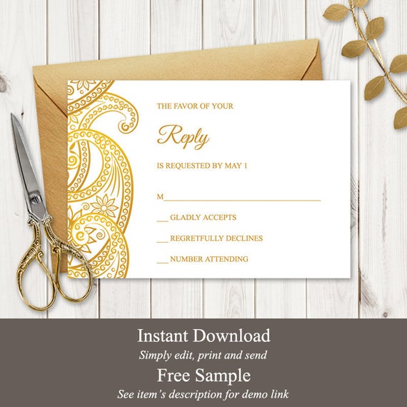 Indian Wedding Rsvp Card Template Paisley Gold Etsy