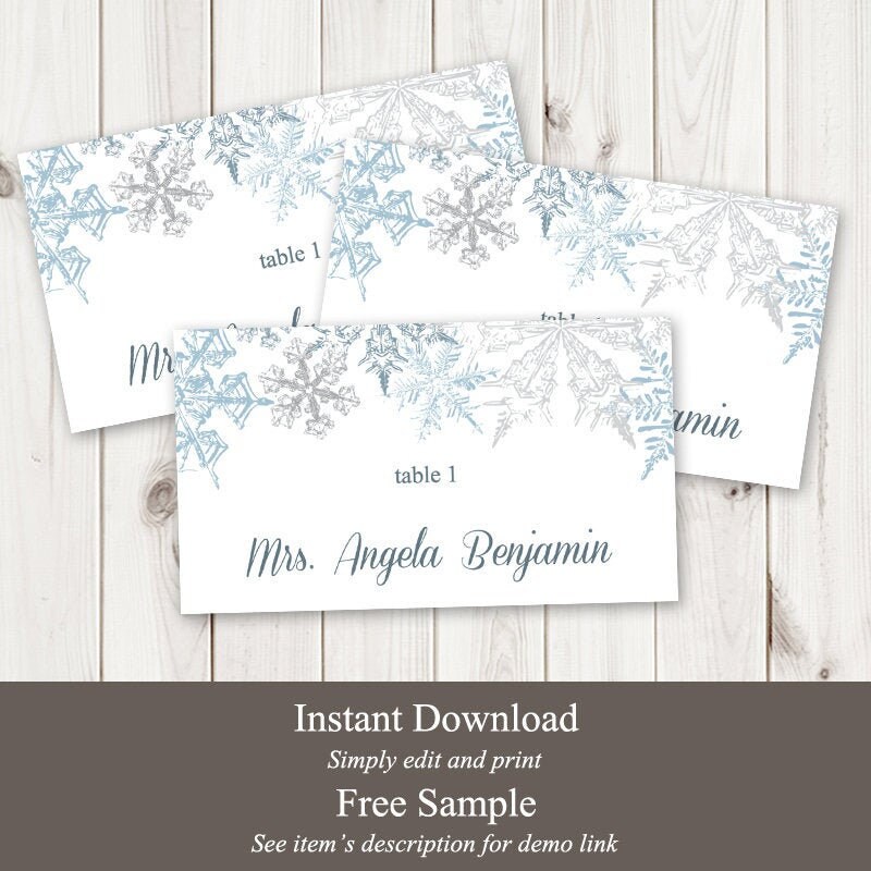 Winter Wedding Place Card Template Snowflakes | Etsy