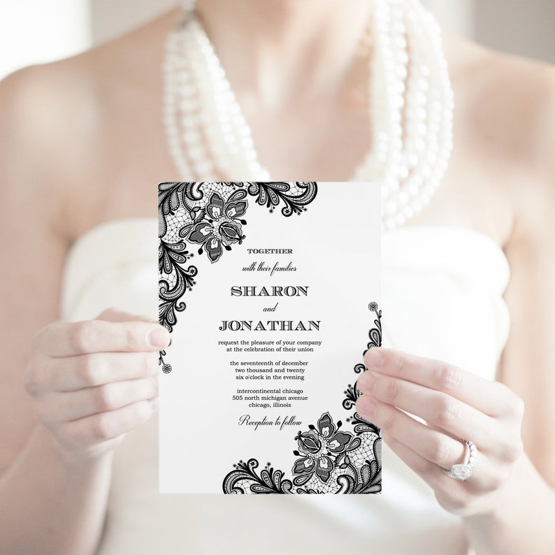 Black Lace Wedding Invitation vintage Lace. DIY | Etsy