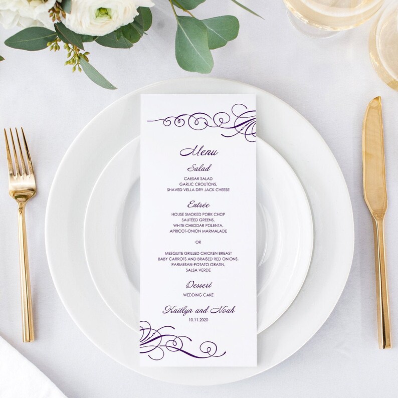 Elegant Wedding Menu Template Tender Twirls, Purple. Printable Modern Menu Card, Fully Edtable Text & Artwork. Templett, Instant Download. image 1