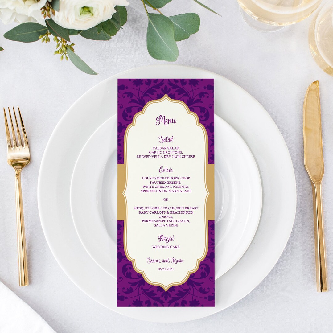 Indian Wedding Menu Template Vibrant Celebration, Purple & Gold. DIY