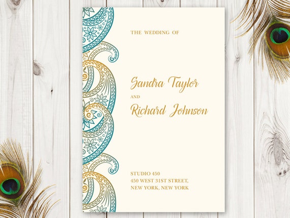 Wedding Program Template Paisley Teal Gold Diy Etsy
