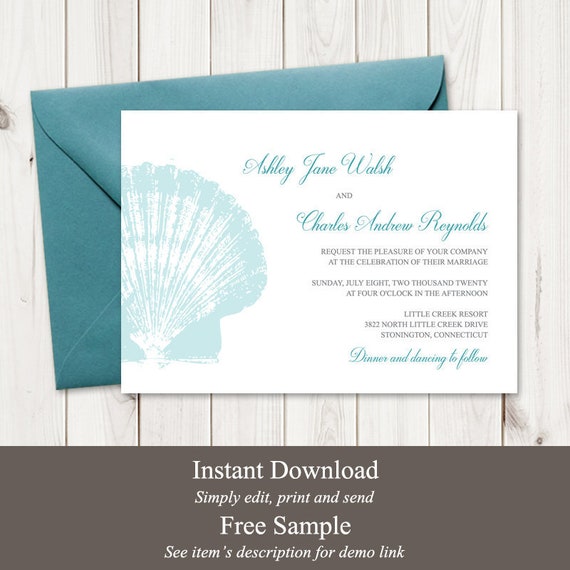 Beach Wedding Invitation Template Seaside Romance Etsy