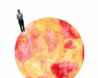 Mars Planet Watercolor Painting Funny Art