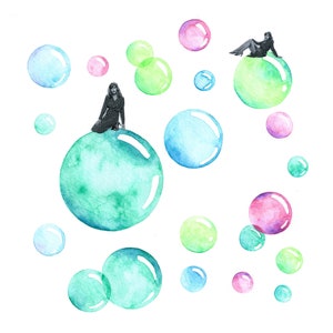 Watercolor Bubbles Painting Surreal Collage Art