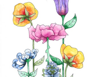 Flower Garden Botanical Watercolor Painting