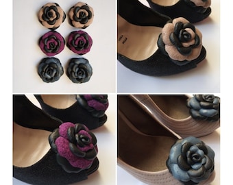 Leather Shoe Clips, Set of 2, Classic Rose Clip, Rose Shoe Clip, Wedding Shoe Clips, Rose Clips, Italian Handmade.