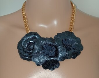 Necklace with leather flowers, Blue leather flowers necklace, Chain with flowers, Leather flowers with chain, Handmade.