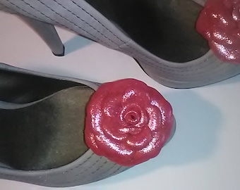 Leather Shoe Clips, Wedding Shoe Clip, Flower shoe clip, Set of 2, Leather clips, Rose shoe clip Pink Shoe Clip, Italian handmade.