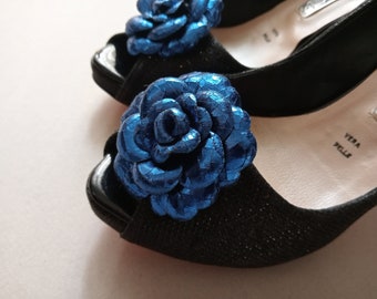 Shoe clips with leather rose, Blue rose clips, Italian handmade.