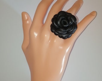 Ring with leather flower, Ring with leather rose. Handmade ring.
