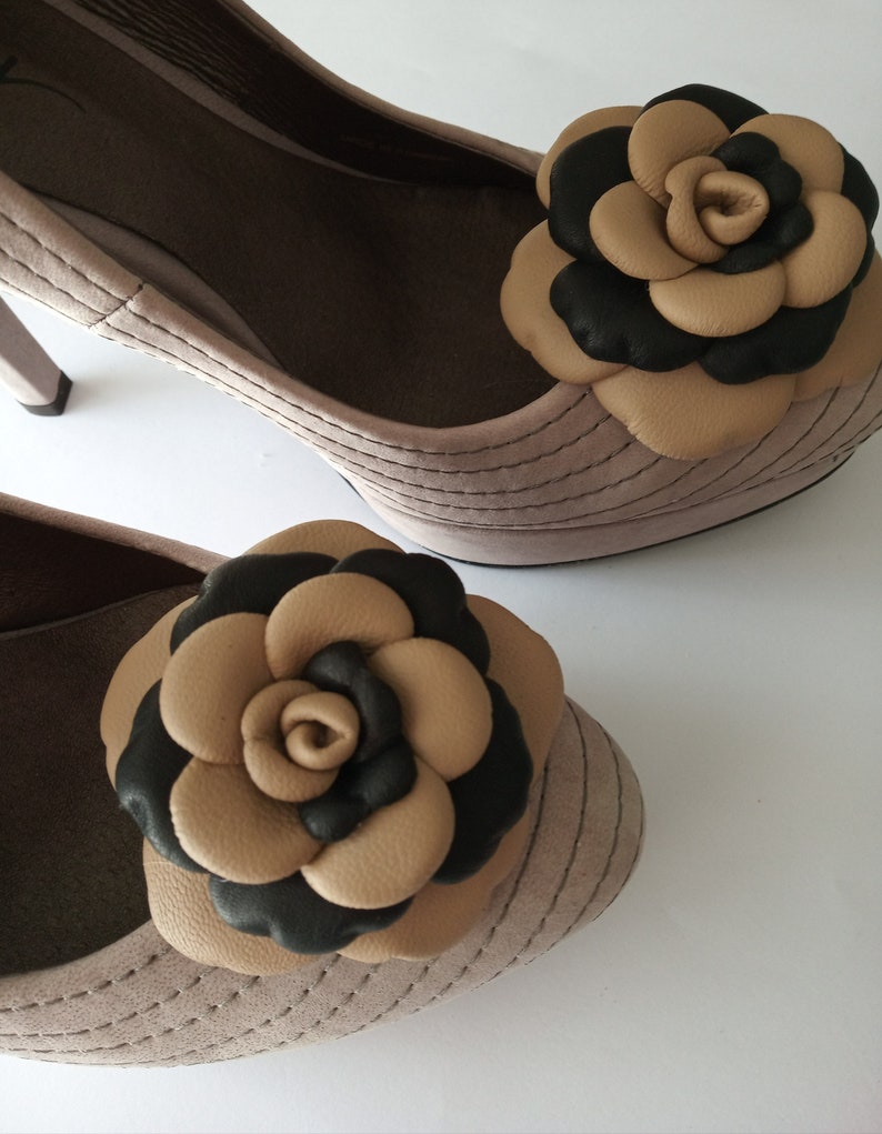 Wedding Shoe Clips Leather clips Rose shoe clip Italian handmade. Rose clips Black/&white rose clip Leather Shoe Clip Set of 2