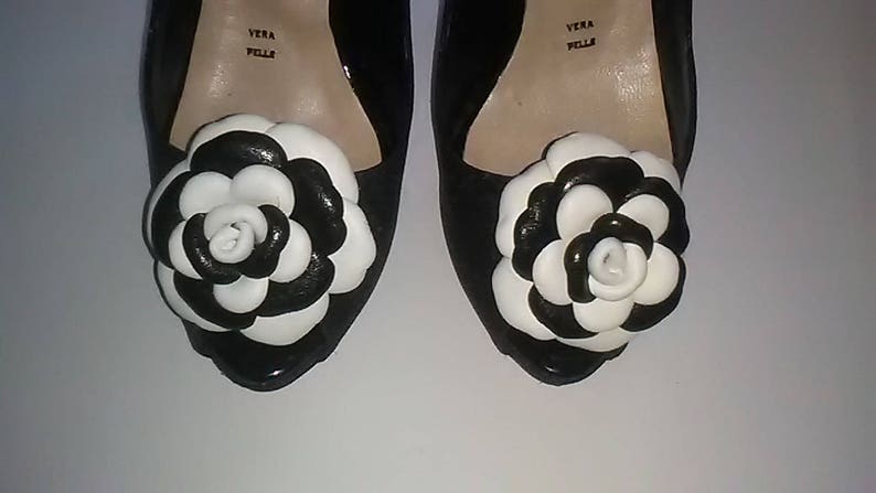 Wedding Shoe Clips Leather clips Rose shoe clip Italian handmade. Rose clips Black/&white rose clip Leather Shoe Clip Set of 2