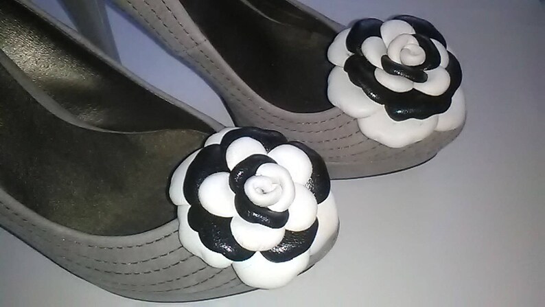 Wedding Shoe Clips Leather clips Rose shoe clip Italian handmade. Rose clips Black/&white rose clip Leather Shoe Clip Set of 2