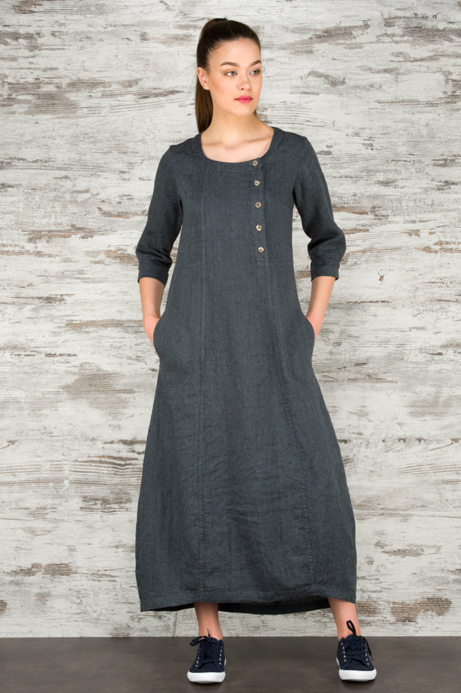 Linen Women Dress, Pure Linen Dress, Dark Grey Dress, Spring, Summer
