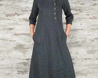 Linen women dress, Pure linen dress, Dark grey dress, Spring, Summer Linen Dress, Linen clothing, linen clothes, Organic Linen Dress