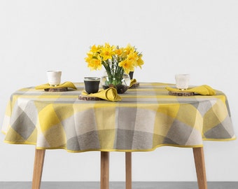 Linen Oval, Round Tablecloth, Spring Colors Tablecloth, Yellow - Grey linen table top, Linen table cover