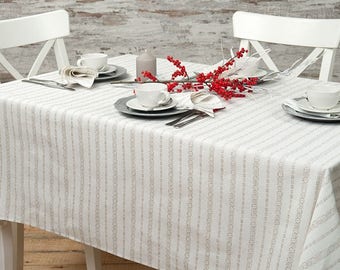 Linen Tablecloth, White, Grey linen table top, Linen table cover, Christmas Tablecloth