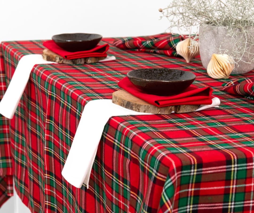 Christmas Linen Tablecloth, Red, Green Linen Table Top, Linen Table
