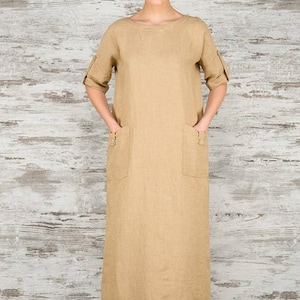 Vestido feminino de linho, vestido de linho puro, vestido marrom claro, primavera, vestido de linho de verão, roupas de linho, roupas de linho, vestido de linho orgânico
