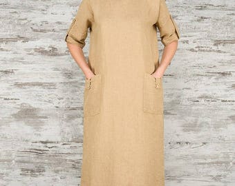 womens brown linen dress Foque AW22