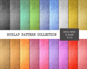May include: A collection of 18 digital burlap pattern papers in various colors, including gray, green, blue, white, and gold. The papers are 12 x 12 inches in size. The text "BURLAP PATTERN COLLECTION" is displayed at the top.