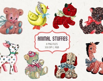 ClipArt di animali di peluche retrò: giocattoli vintage / download digitale / clipart antichi