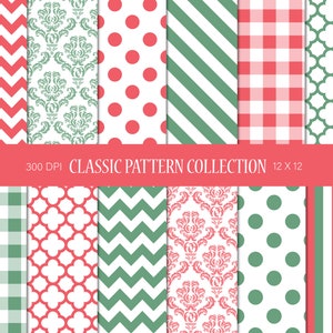 Pink & Green Geometric Patterns | Digital Scrapbook Paper | Christmas Patterns