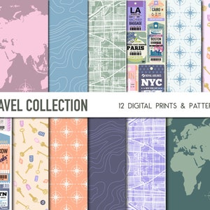 Reise Digitales Scrapbook Papier | Urlaub Drucke | Antike Schlüssel | Kompass | Weltkarte