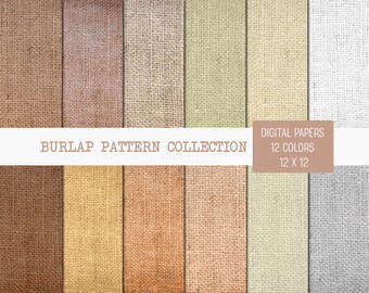 Peut inclure: Une collection de 12 papiers numériques à motifs de toile de jute de différentes couleurs, chacun mesurant 30,48 x 30,48 cm. L'image présente diverses textures de toile de jute, allant du beige clair au marron foncé, avec le texte "BURLAP PATTERN COLLECTION" et "DIGITAL PAPERS 12 COLORS 12 X 12".