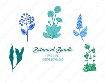 Green & Blue Flower Clip Art, Floral Illustrations, Botanical Clip Art, Digital Download