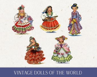 May include: Vintage illustration of five dolls in traditional attire. The dolls are dressed in colorful costumes, including a floral dress, a red skirt, and a kimono. The text "VINTAGE DOLLS OF THE WORLD" is at the bottom.