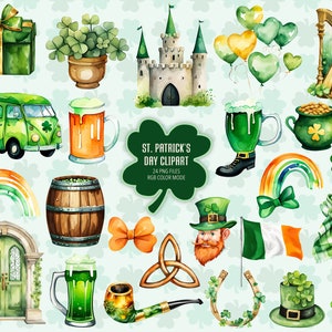 May include: A set of 24 watercolor clipart images for St. Patrick's Day. The images include a green shamrock, a green leprechaun hat, a green beer mug, a green castle, a green rainbow, a green pot of gold, a green door, a green pipe, a green horseshoe, a green harp, a green van, a green shamrock scarf, a green bow, a green shamrock wreath, a green shamrock leaf, a green shamrock flower, a green shamrock stem, a green shamrock bud, a green shamrock seed, a green shamrock sprout, a green shamrock vine, a green shamrock branch, a green shamrock tree, a green shamrock bush, a green shamrock forest, a green shamrock field, a green shamrock meadow, a green shamrock pasture, a green shamrock lawn, a green shamrock garden, a green shamrock park, a green shamrock playground, a green shamrock school, a green shamrock hospital, a green shamrock library, a green shamrock museum, a green shamrock art gallery, a green shamrock theater, a green shamrock concert hall, a green shamrock stadium, a green shamrock arena, a green shamrock race track, a green shamrock golf course, a green shamrock tennis court, a green shamrock swimming pool, a green shamrock beach, a green shamrock ocean, a green shamrock sky, a green shamrock cloud, a green shamrock sun, a green shamrock moon, a green shamrock star, a green shamrock planet, a green shamrock galaxy, a green shamrock universe, a green shamrock multiverse, a green shamrock everything.