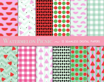 Watermelon Picnic Digital Scrapbook Paper: Fruit Backgrounds, Seamless Patterns, Pink Patterns