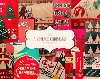 Puede incluir: Un collage de recortes de papel vintage con temática navideña en colores rojo, verde y blanco. El texto "A Vintage Christmas" está en el centro del collage. Los recortes presentan imágenes de árboles de Navidad, adornos y Papá Noel. Algunos de los textos en los recortes incluyen "Christmas Tree Ornament Hangers", "Long Size", "Double-Clo", "Mica Snow", "Fireproof", "Saver", y "Gift Order Form".