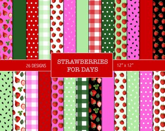 Strawberry Digital Scrapbook Paper: Fruit Patterns, Red Paper, Spring Designs, Pink Paper, Plaid Pattern