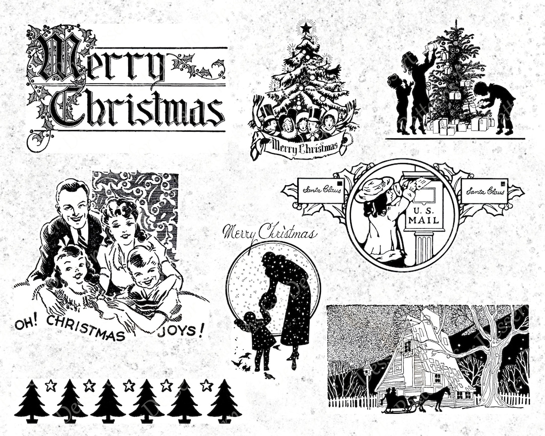 Vintage Black &amp; White Christmas Clipart: Antique Clip Art, Scrapbook ...