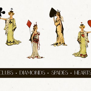 Vintage Clip Art Kartenanzüge: Kartenspiel | Pik Dame | Herz Dame | Kreuz Dame | Königin der Diamanten