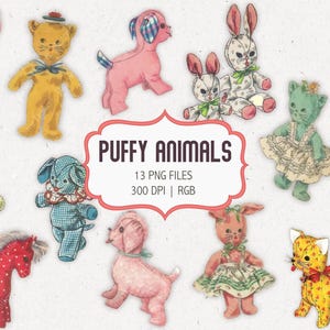 Vintage Puffy Animals Clip Art: Retro Clip Art | Stuffies | Stuffed Animals | Digital Download