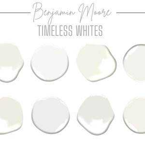 Puede incluir: Ocho muestras de pintura en varios tonos de blanco, etiquetadas como "Benjamin Moore Timeless Whites".